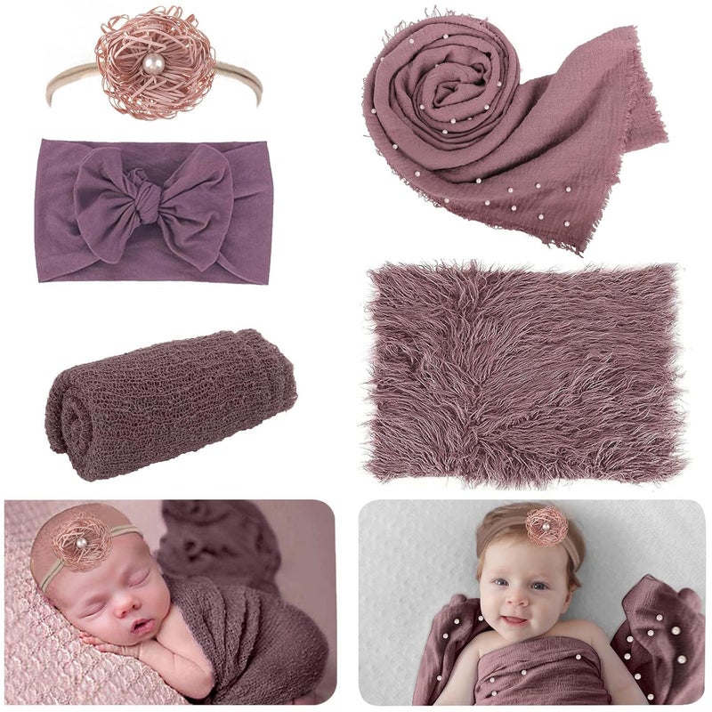 AOKE 5 PCS Newborn Photography Wrap Props Kit, Newborn Photo Props Mat Long Ripple Wraps DIY Blanket with Headbands, Purple Toddler Baby Photoshoot Props Set for Infant Boys and Girls(0-12 Months) - Image 1